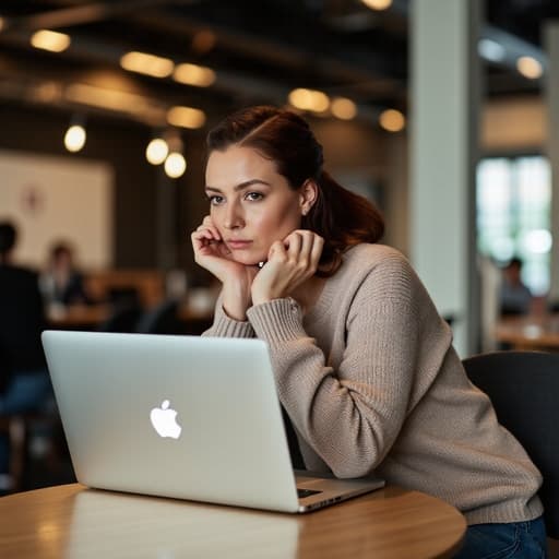 30대 중반의 유럽계 여성이 편안한 니트 스웨터와 청바지를 입고 현대적인 카페에 앉아 노트북을 바라보며 실망한 표정을 짓고 있습니다. 그녀의 손은 턱에 대고 있으며, 배경은 세련된 공유 오피스 인테리어로 현대적인 일상생활의 본질을 담고 있습니다.