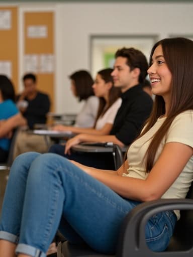 20대 중반의 자신감 넘치는 라틴계 여성이 자연스러운 외모로 반신 사진을 찍고 있습니다. 그녀는 편안한 티셔츠와 청바지, 캐주얼한 운동화를 착용하고 있습니다. 활기찬 표정으로 다리를 뻗고 앉아 강의 내용을 집중해서 듣고 있으며, 배경은 교육 관련 포스터가 붙은 강의실 내부와 다양한 학생들이 앉아 있는 책상들이 있습니다. 전체적인 분위기는 생동감 넘치고 참여하는 학습 환경을 잘 보여줍니다.