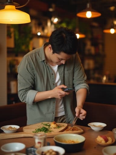 40대 초반의 한국인 남성이 캐주얼한 옷을 입고, 아늑한 카페에서 전화기를 들고 요리 재료를 손질하고 있습니다. 슬픈 표정은 복잡한 감정을 드러내며, 따뜻한 조명이 감정적인 깊이를 더하는 매력적인 분위기 속에 있습니다.