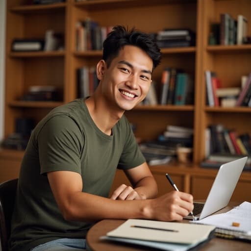20대 중반의 라틴계 남성이 편안한 티셔츠와 청바지를 입고 책으로 가득 찬 공부방 테이블에 앉아 있습니다. 그는 매력적인 미소를 지으며 노트북을 바라보며 한 손으로 메모를 하고 있습니다. 따뜻한 조명이 공부와 생산성을 위한 매력적인 분위기를 만들어냅니다.