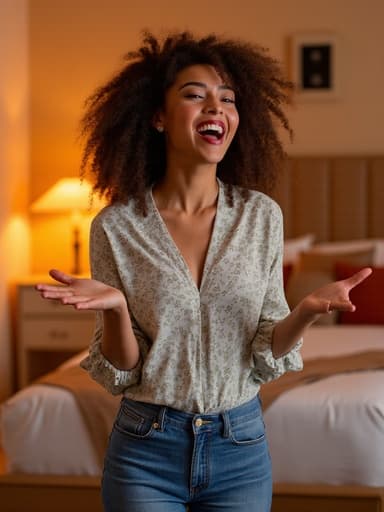 20대 중반의 라틴계 여성이 아늑한 침실에서 자신감 있게 미소 짓고 있는 반신 초상입니다. 화려한 패턴의 블라우스와 편안한 청바지를 착용하고 있으며, 손을 펼친 자세로 환영하는 포즈를 취하고 있습니다. 따뜻한 조명과 소품이 배치된 공간이 아늑한 분위기를 만들어냅니다.