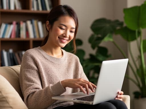 30대 후반의 아시아계 여성의 반신 촬영으로, 편안한 니트와 슬랙스를 입고 아늑한 소파에 앉아 노트북과 상호작용하고 있습니다. 그녀는 긍정적인 표정을 지으며 따뜻하게 미소 짓고 있으며, 배경은 책장과 실내 식물이 있는 편안한 개인 공간을 보여주어 여유로운 분위기를 연출합니다.