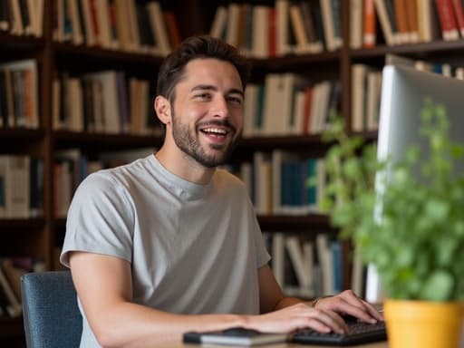 30대 초반 유럽계 남성이 조용하고 아늑한 도서관에서 캐주얼한 티셔츠와 청바지를 입고 컴퓨터 앞에 앉아, 키보드를 타이핑하며 활기찬 표정을 짓고 있습니다. 그의 즐거운 표정은 수많은 책장이 있는 고요한 배경에 생기를 더합니다.