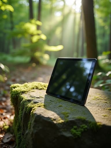 여름 숲속 오솔길에 이끼가 덮인 돌 위의 태블릿, 잎사귀 사이로 비치는 점점이 햇빛, 평온하고 고요한 분위기.
