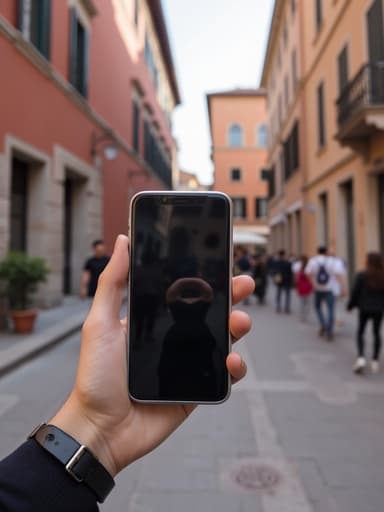 이탈리아의 그림 같은 광장에서 조약돌 거리와 역사적인 건축물이 있는 스마트폰, 따뜻한 낮과 생생한 색상.