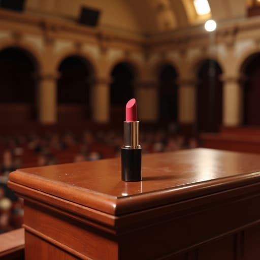 클래식 오케스트라 홀의 나무 연단 위에 놓인 매끈한 빨간 립스틱의 클로즈업, 매끄러운 표면과 미세한 반사를 강조한 따뜻하고 부드러운 조명, 배경에 우아한 아치 구조를 부드럽게 흐리게 한 모습, 포토리얼리스틱, 자연광, 4K, 높은 세부 사항