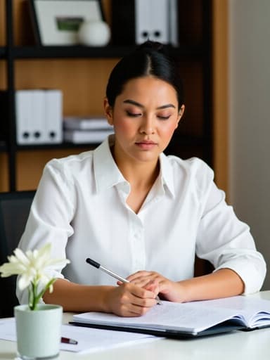 20대 초반의 혼혈 여성은 화이트 블라우스와 블랙 팬츠를 착용하고 불안한 표정을 지으며 책상 위의 노트에 메모를 하고 있는 모습이 반신 샷으로 포착되었습니다. 정돈된 사무실 환경에서 촬영되었습니다.