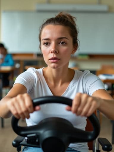 20대 초반의 백인 여성이 편안한 티셔츠와 청바지를 입고 반신 샷으로 촬영되었습니다. 그녀는 스트레스를 받은 표정으로 긴장한 눈빛과 씩씩한 입술을 하고 있으며, 교실 환경에서 앉아 있습니다. 머리는 자연스럽게 묶여 있고, 가상의 핸들을 잡고 운전하는 자세로 집중한 모습이 강조됩니다. 배경에는 책상, 의자, 교육 자료가 배치되어 있습니다.