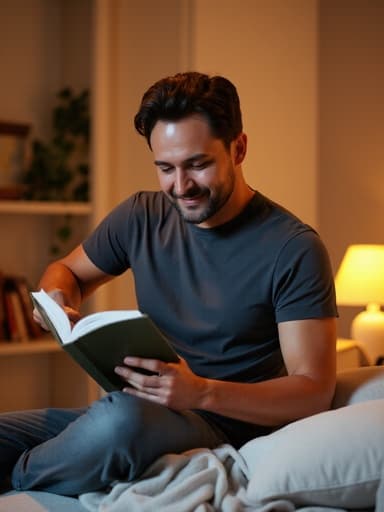 30대 후반 혼혈 남성이 편안한 소파에 앉아 자연스러운 티셔츠와 캐주얼한 바지를 입고, 따뜻한 미소를 지으며 요리책에 집중하고 있습니다. 깔끔하고 아늑한 침실에서 부드러운 따뜻한 조명이 비추고 있습니다.
