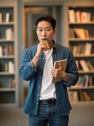 40대 초반의 동양인 남성이 캐주얼한 셔츠와 청바지를 입고 한 손에 책을 들고 다른 손으로 음식을 먹으며 무관심한 표정을 짓고 있는 모습. 조용한 도서관의 책장 배경이 어우러져 차분하고 지적인 분위기를 반영합니다.