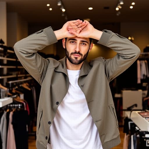 세련된 티셔츠와 캐주얼한 재킷을 입은 30대 중반의 백인 남성이 머리 위로 손을 뻗어 스트레칭하는 모습이 화장품과 패션 아이템으로 가득한 활기찬 패션 매장에서 포착되었습니다. 그는 약간 불안한 표정을 지으며 자연스러운 매력을 드러내고 있습니다.