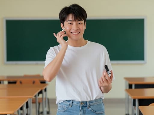 20대 후반의 한국인 남성이 캐주얼한 티셔츠와 청바지를 입고 교실의 거울 앞에 서 있습니다. 그는 화장품을 손에 들고 자연스러운 미소를 지으며 창의성과 자기 돌봄을 표현하고 있는 모습입니다.