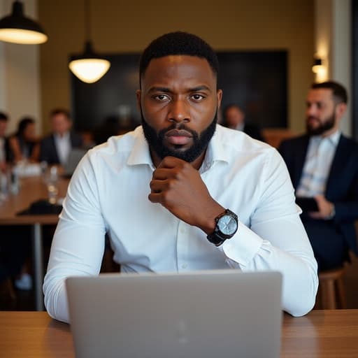 30대 중반 아프리카계 남성이 짧은 머리와 깔끔한 수염을 가진 모습으로 반신 촬영되었으며, 깔끔한 흰색 셔츠와 어두운 바지를 입고 있습니다. 그는 현대적인 카페에서 노트북 앞에 앉아 손을 모으고 깊은 생각에 잠긴 듯한 긴장한 표정을 짓고 있습니다. 배경에는 다른 사람들이 대화하고 있는 세련된 카페의 모습이 담겨 있어, 주제의 집중된 순간을 더욱 강조합니다.