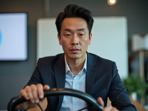 40대 초반의 동양인 남성이 비즈니스 캐주얼 복장을 입고, 불안한 표정으로 화면을 응시하며 운전대에 손을 얹고 있는 모습의 반신 샷. 배경에는 화이트보드와 책상이 보이는 회의실이 있으며, 조명이 이 순간의 긴장감을 잘 포착하고 있다.