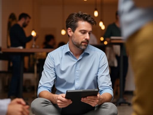 아늑한 커뮤니티 센터 바닥에 앉아 태블릿을 들고 집중하고 있는 40대 초반의 유럽계 남성의 반신 샷입니다. 세련된 캐주얼 셔츠와 슬랙스를 착용하고 있으며, 고급스러운 표정으로 자신감 넘치는 모습입니다. 다양한 사람들과 소통하는 따뜻한 분위기 속에 있습니다.