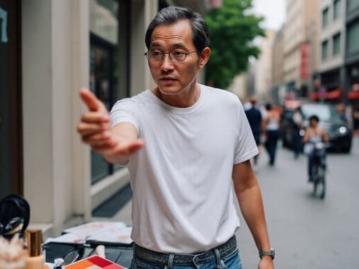 40대 초반 아시아계 남성이 캐주얼한 티셔츠와 청바지를 입고 고민하는 표정을 지으며 도시 거리에서 화장품을 향해 손을 뻗는 반신 촬영.