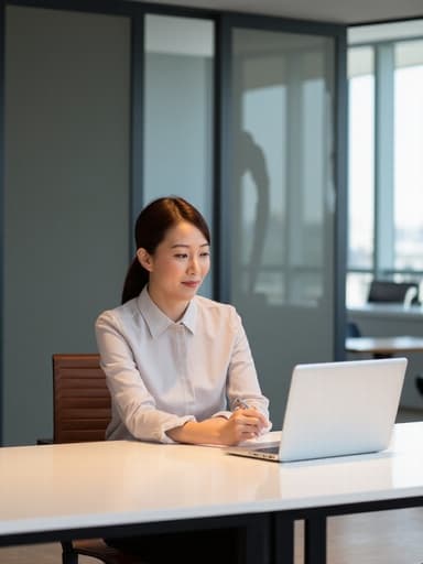 30대 중반의 동양인 여성이 현대적인 회의 테이블에 앉아 노트북을 바라보며 메모를 하고 있습니다. 그녀는 활기차고 자신감 있는 표정을 짓고 있으며, 깔끔한 블라우스와 정장 바지를 입고 있습니다. 배경은 세련되고 현대적인 공유 오피스 환경입니다.