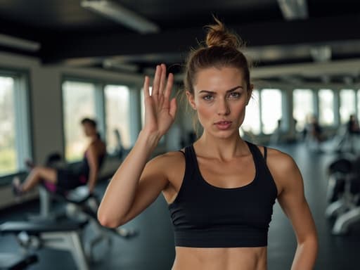 20대 초반의 백인 여성이 스타일리시한 헬스장 복장을 입고, 분노한 표정으로 한 손을 들어 인사하는 모습입니다. 헬스장은 다양한 운동 기구와 거울로 가득 차 있어 그녀의 강렬한 감정과 운동 스타일을 강조하는 생동감 있는 분위기를 만들어냅니다.