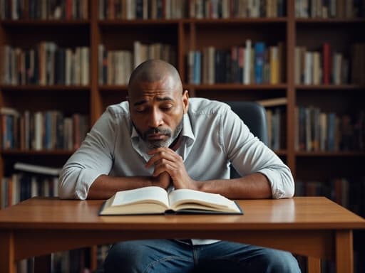 50대 초반의 혼혈 남성이 도서관 테이블에 앉아 캐주얼한 셔츠와 청바지를 입고, 한 손으로 턱을 괴고 책을 바라보며 약간 짜증난 표정을 짓고 있습니다. 배경은 여러 권의 책으로 가득한 조용한 도서관을 보여주며, 사색과 미세한 짜증의 분위기를 강조합니다.