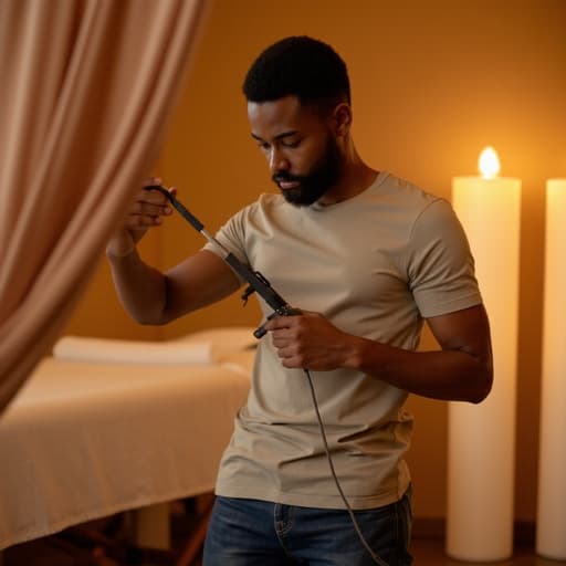 30대 초반의 흑인 남성이 편안한 티셔츠와 청바지를 입고, 마사지샵에서 마사지 기구를 자세히 살펴보며 걱정스러운 표정을 짓고 있는 반신 샷입니다. 아늑한 마사지샵 내부의 부드러운 조명과 마사지 테이블이 편안한 분위기를 만들어냅니다.