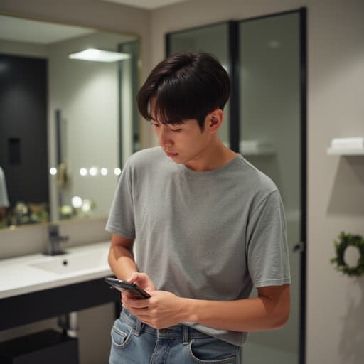 10대 후반 아시아계 남성이 스타일리시한 욕실 거울 앞에서 화장품을 바르며 집중하는 모습이 담긴 반신 사진입니다. 그는 캐주얼한 티셔츠와 청바지를 입고 있으며, 컴퓨터 화면에 집중하면서 차가운 표정을 짓고 있습니다. 현대적인 욕실 환경이 잘 조명되어 이미지의 전반적인 미감을 향상시킵니다.