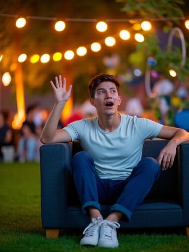 20대 후반의 동양인 남성이 야외 파티에서 소파에 편안히 앉아 있으며, 캐주얼한 티셔츠와 청바지를 입고 놀란 표정을 지으며 생동감 넘치는 분위기를 포착한 이미지입니다.