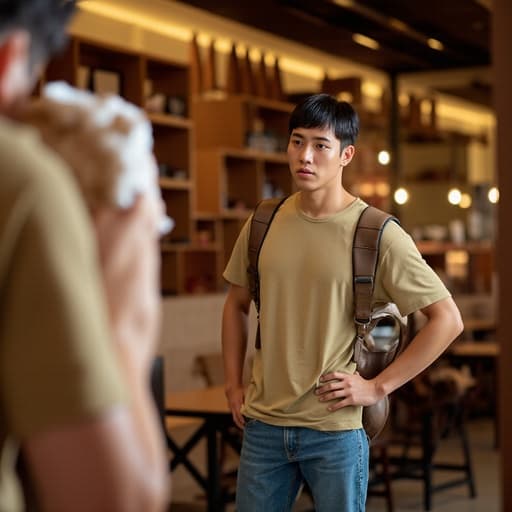 20대 후반의 아시아계 남성이 캐주얼한 티셔츠와 청바지를 입고 아늑한 베이커리의 거울 앞에 서서 화장을 하며 걱정스러운 표정을 짓고 있습니다. 베이커리의 따뜻한 분위기가 그의 불안한 표정과 대조를 이루며, 개인적인 관리의 공감할 수 있는 순간을 만들어냅니다.