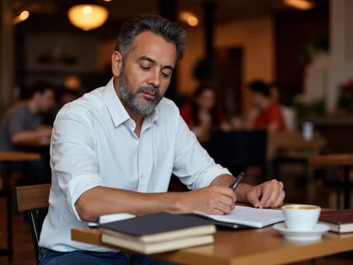 40대 초반의 라틴계 남성이 깔끔한 셔츠와 청바지를 입고 아늑한 카페에서 노트를 작성하고 있는 모습이 반신으로 촬영되었습니다. 고급스러운 표정이 집중력을 잘 나타내며, 커피와 책이 있는 테이블이 따뜻한 분위기를 더하고 있습니다.