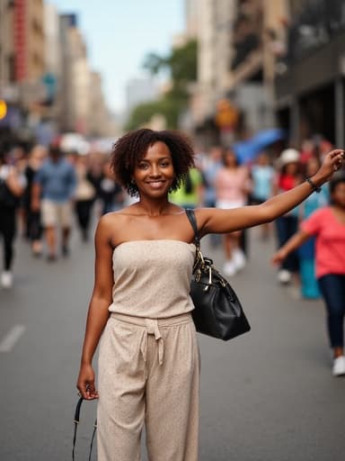 40대 초반의 아프리카계 여성이 캐주얼한 의상과 세련된 핸드백을 매치하고 있는 반신사진입니다. 그녀는 스트레칭을 하며 무관심한 표정을 짓고 있으며, 활기찬 거리 풍경에서 사람들이 오가는 모습이 배경으로 보입니다.