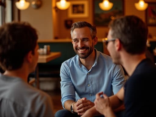 30대 후반의 유럽계 남성이 캐주얼한 의상을 입고 아늑한 레스토랑 바닥에 앉아 친구들과 즐겁게 대화하며 편안한 미소를 짓고 있는 모습의 반신 사진.