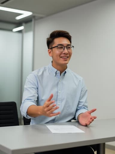 깔끔한 회의 테이블에서 열정적으로 개념을 설명하는 10대 후반 아시아계 남성이 캐주얼한 셔츠와 슬랙스를 입고 자신감 넘치는 모습의 반신 사진, 현대적인 직장의 분위기를 잘 표현하고 있습니다.