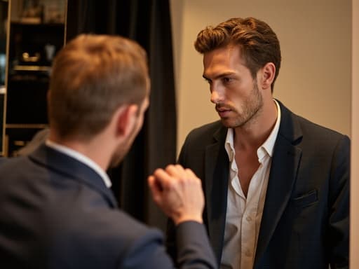 세련된 캐주얼 자켓과 깔끔한 셔츠를 입은 20대 중반의 백인 남성이 우아한 거울 앞에 서 있습니다. 그는 고급스러운 표정을 지으며 거울을 바라보고 있으며, 손은 주먹 쥔 자세로 자신감 넘치는 모습을 보여줍니다. 세련된 인테리어의 패션 쇼핑 환경에서의 모습입니다.