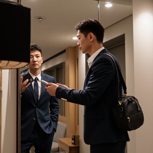 고급스러운 외모의 20대 후반 한국인 남성이 세련된 수트를 입고 고급스러운 가방을 매고, 현대적인 거울 앞에서 자신을 바라보며 전화를 걸고 있는 모습입니다. 조명이 잘 비추는 모던한 인테리어가 그의 자신감 넘치는 모습과 패셔너블한 의상을 강조합니다.