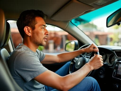 세련된 외모를 가진 40대 초반의 아시아계 남성이 자신감 있는 표정으로 운전하는 모습, 편안한 티셔츠와 청바지를 입고, 고기가 굽히고 있는 활기찬 바베큐장에서 촬영된 이미지입니다.