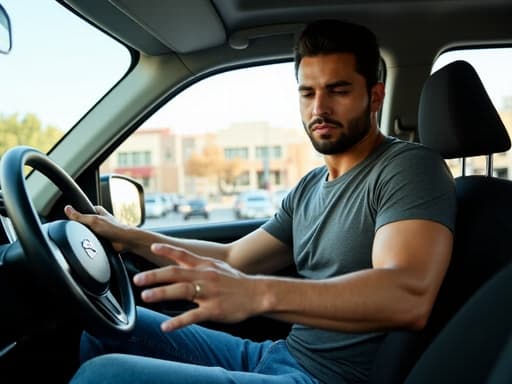 20대 후반의 중동계 남성이 캐주얼한 복장을 하고 쇼핑몰 주차장의 차 안에서 반신 촬영된 모습입니다. 그는 운전대에 한 손을 얹고 다른 손에는 화장품을 들고 집중한 표정을 지으며 찡그린 얼굴을 하고 있습니다. 생동감 있는 배경은 바쁜 쇼핑 환경을 강조하며, 친근하고 역동적인 장면을 만들어냅니다.