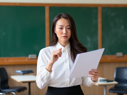 20대 후반의 동양인 여성의 반신 사진으로, 긴 머리를 가진 자연스러운 외모를 지니고 있습니다. 깔끔한 화이트 블라우스와 블랙 스커트를 착용하고 있으며, 손에 자료를 들고 프레젠테이션을 준비하는 자세를 취하고 있습니다. 약간 스트레스를 받은 표정이 특징입니다. 배경은 책상과 칠판이 있는 강의실로, 교육적인 환경을 강조하고 있습니다.