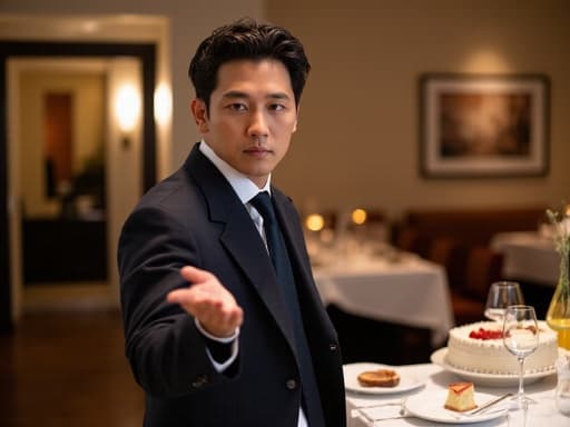 30대 초반 아시아계 남성이 정장과 넥타이를 착용하고 실망한 표정을 지으며 인사하기 위해 손을 내밀고 있는 반신 사진입니다. 배경은 축하를 위한 케이크와 장식이 놓인 레스토랑 내부로, 그의 감정과 축제 분위기 간의 대조를 강조합니다.