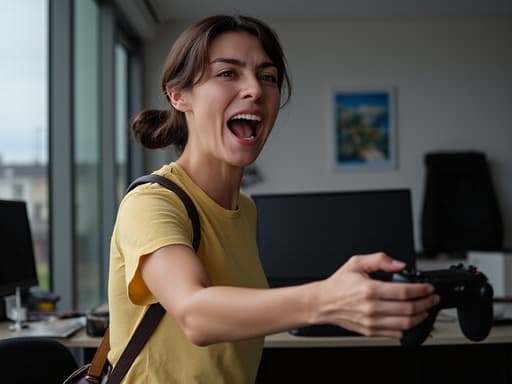 20대 중반의 백인 여성이 캐주얼한 티셔츠와 청바지를 입고 어깨에 가방을 메고 있는 반신 촬영입니다. 그녀는 분노한 표정을 짓고 있으며, 눈썹이 찌푸려져 있습니다. 게임을 하려는 자세로 손가락을 움직이고 있으며, 그녀의 앞 책상에는 게임 컨트롤러가 놓여 있습니다. 배경은 사무실 환경으로, 컴퓨터 모니터와 게임 컨트롤러가 있는 책상이 설정되어 있어 그녀의 집중과 짜증을 강조하는 역동적인 분위기를 만들어냅니다.