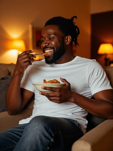 20대 후반의 흑인 남성이 자연스러운 외모로 편안한 소파에 앉아 있는 반신 사진입니다. 그는 편안한 티셔츠와 청바지를 입고 있으며, 음식을 즐기면서 자유롭고 행복한 표정을 짓고 있습니다. 따뜻한 조명이 아늑한 분위기를 더하며, 배경의 소파와 테이블이 그의 편안한 자세를 잘 보완합니다. 이 이미지는 집에서의 여가와 즐거움의 본질을 포착합니다.