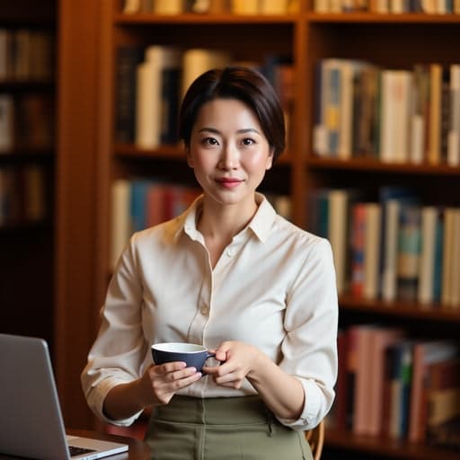 40대 중반의 자신감 있는 한국인 여성이 세련된 블라우스와 정장 바지를 입고, 아늑한 도서관 테이블 위의 노트북을 바라보며 커피잔을 가볍게 쥐고 있는 모습입니다. 잘 정리된 서가와 부드러운 조명이 따뜻한 분위기를 자아냅니다.