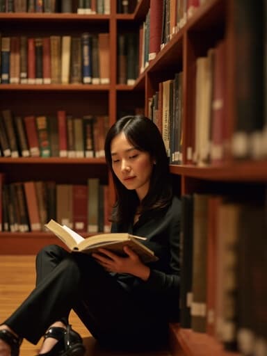 40대 중반의 세련된 동양인 여성이 세련된 블라우스와 슬랙스를 착용하고 도서관 바닥에 앉아 책을 읽으며 집중하고 있는 모습의 반신 촬영입니다. 배경은 책으로 가득 찬 선반들로 채워져 있어 지적인 분위기를 더합니다. 그녀의 표정은 세련되었으며 독서에 대한 집중과 헌신을 반영하고, 패셔너블한 의상은 장면에 현대적인 우아함을 더합니다.