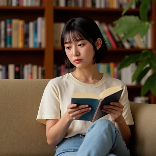 10대 후반의 자연스러운 외모를 가진 한국인 여성의 반신 샷. 그녀는 소파에 편안하게 앉아 있으며, 편안한 티셔츠와 청바지를 입고 있습니다. 고민하는 표정을 지으며 책을 읽고 있는 모습이 담겨 있습니다. 배경에는 아늑한 거실이 보이며, 책장이 장면의 친밀한 분위기를 더합니다.