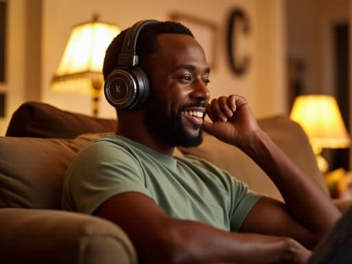 30대 후반의 아프리카계 남성이 자연스러운 외모로 소파에 편안하게 앉아 있으며, 편안한 티셔츠와 청바지를 착용하고 있습니다. 그는 헤드폰을 착용하고 음악에 몰입하며 친근한 표정을 짓고 있습니다. 배경은 활기찬 커뮤니티 센터의 아늑한 공간으로, 연결과 창의성의 분위기를 더해줍니다.