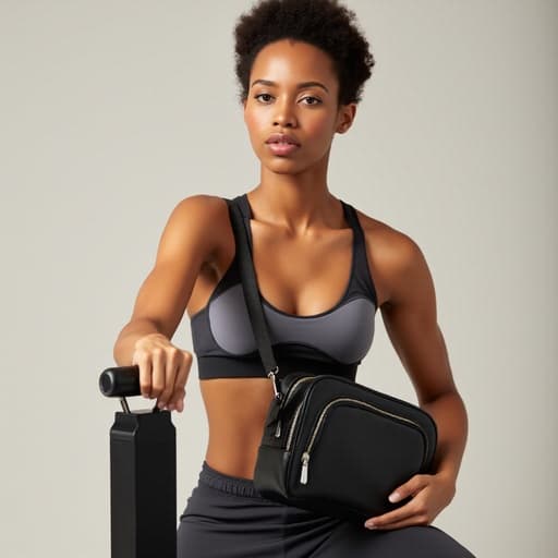20대 후반의 혼혈 여성의 반신 사진으로, 스타일리시한 스포츠웨어와 세련된 가방을 착용하고 있으며, 긍정적인 표정으로 운동 기구를 다루며 활기찬 느낌을 주고 있는 모습이 깔끔하고 현대적인 스튜디오 배경에서 촬영되었습니다.