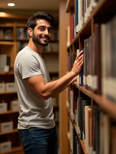 중반 20대 중동계 남성이 조용한 도서관에서 책을 정리하며 미소를 짓고 있는 반신 사진. 그는 편안한 티셔츠와 청바지를 입고 있으며, 아늑하고 평화로운 환경에서 자연스럽고 몰입된 자세를 보여줍니다.