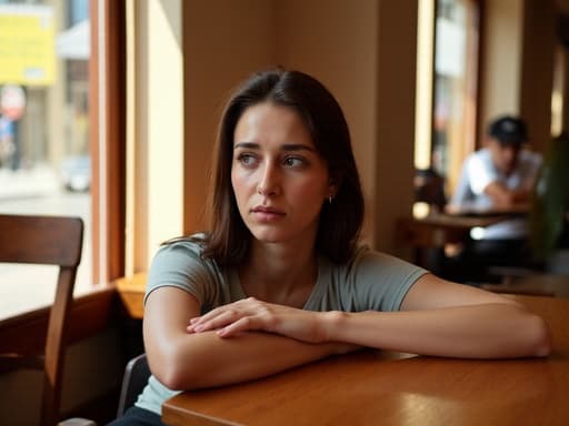 아늑한 카페에서 편안한 티셔츠와 레깅스를 입고 테이블에 기대어 스트레칭하는 중동계 여성, 실망한 표정을 지으며 따뜻한 빛과 매력적인 장식에 둘러싸여 있습니다.