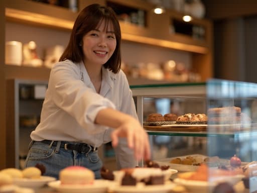 30대 후반의 한국인 여성이 캐주얼한 블라우스와 청바지를 입고, 테이블 위의 디저트를 바라보며 미소 짓고 있는 반신 사진. 그녀의 손은 디저트를 집으려는 자세로 자연스럽게 뻗어 있으며, 아늑한 베이커리 내부에서 다양한 디저트가 진열되어 있는 배경이 따뜻하고 초대하는 분위기를 만들어냅니다.
