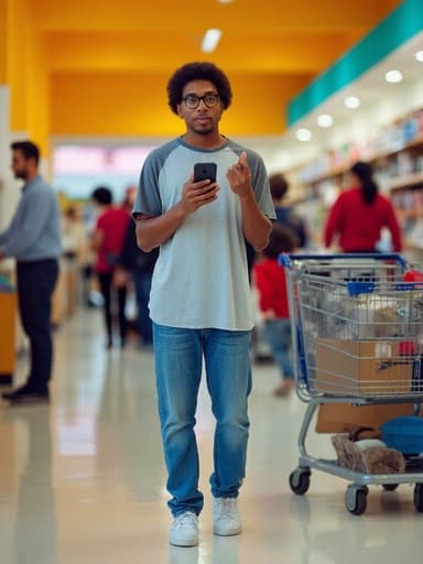 이 이미지는 활기찬 커뮤니티 센터에서 쇼핑 카트를 잡고 비디오 통화를 하는 10대 후반의 아프리카계 남성을 보여줍니다. 그의 캐주얼한 복장과 고민하는 표정, 그리고 분주한 배경이 현대인의 멀티태스킹과 연결을 강조합니다.