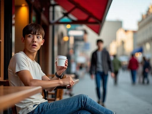 20대 초반의 자연스러운 외모를 가진 동양인 남성이 카페 테이블에 앉아 커피를 들고 놀란 표정을 짓고 있다. 그는 편안한 티셔츠와 청바지를 입고 있으며, 배경에는 사람들이 오가는 활기찬 거리 풍경이 펼쳐져 있어 카페의 생동감 있는 분위기를 더하고 있다.