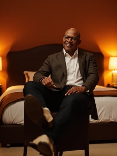 50대 초반 아프리카계 남성이 고급스러운 신발을 신기 위해 한쪽 발을 들어 올리고 있는 모습의 반신 사진. 세련된 캐주얼 옷을 착용하고 있으며, 아늑하고 따뜻한 조명이 비추는 침실에서 고급스러운 표정을 짓고 있습니다.